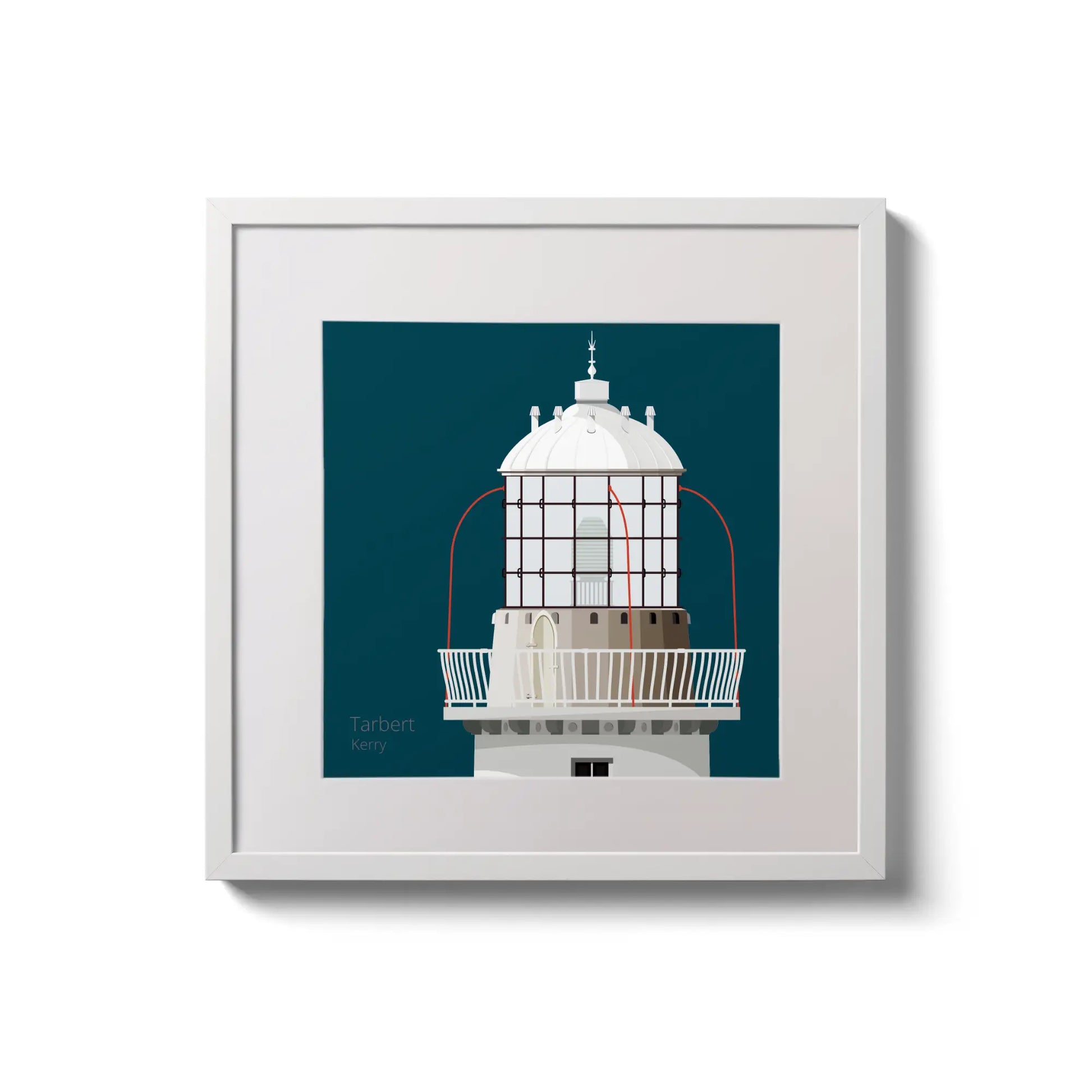 Framed wall art decoration Tarbert lighthouse on a midnight blue background,  in a white square frame measuring 20x20cm.
