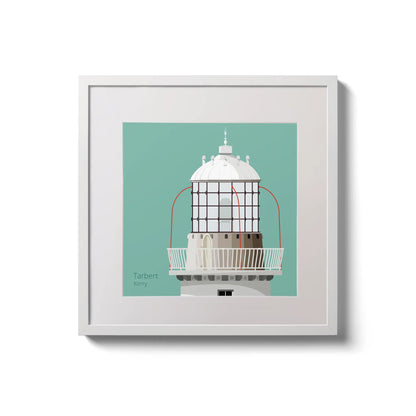 Contemporary wall hanging Tarbert lighthouse on an ocean green background,  in a white square frame measuring 20x20cm.