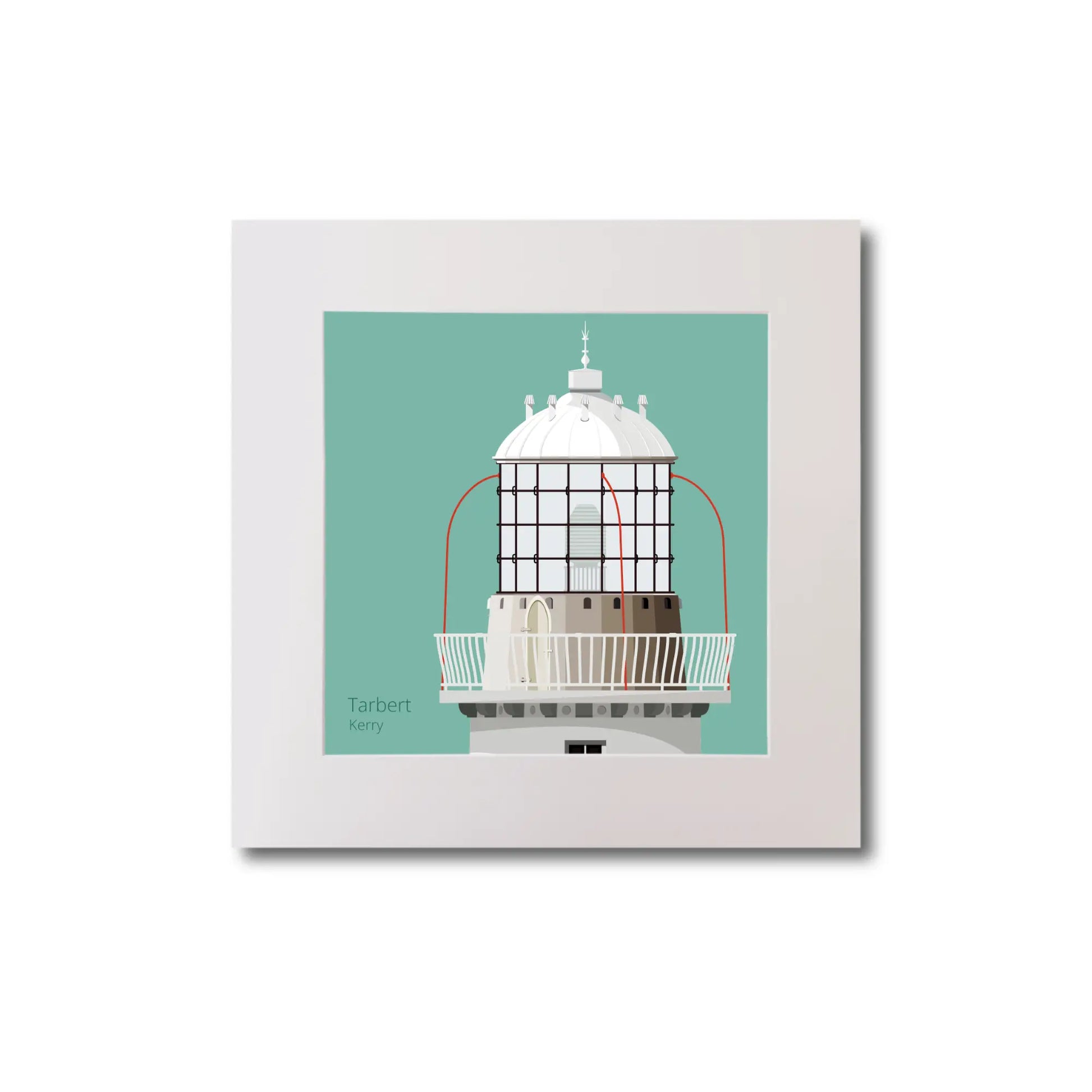 Illustration Tarbert lighthouse on an ocean green background, mounted and measuring 20x20cm.