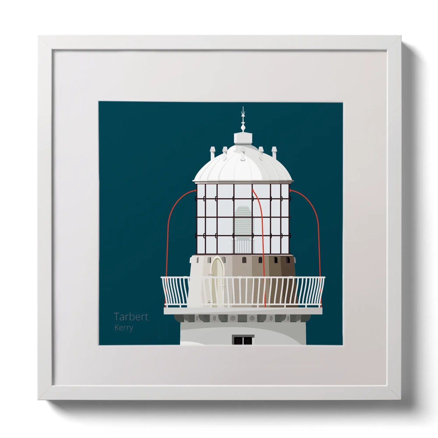 Illustration Tarbert lighthouse on a midnight blue background,  in a white square frame measuring 30x30cm.