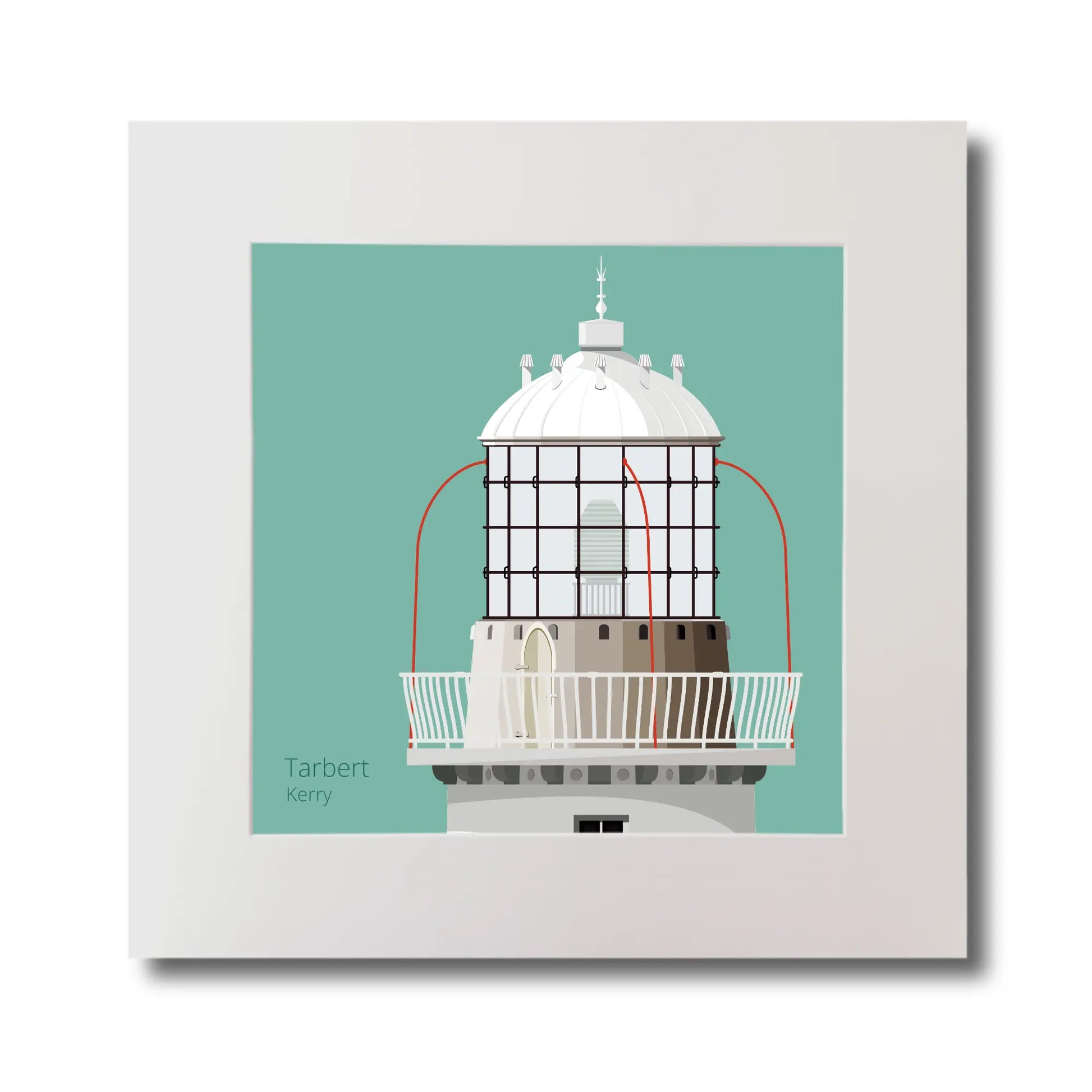 Illustration Tarbert lighthouse on an ocean green background, mounted and measuring 30x30cm.