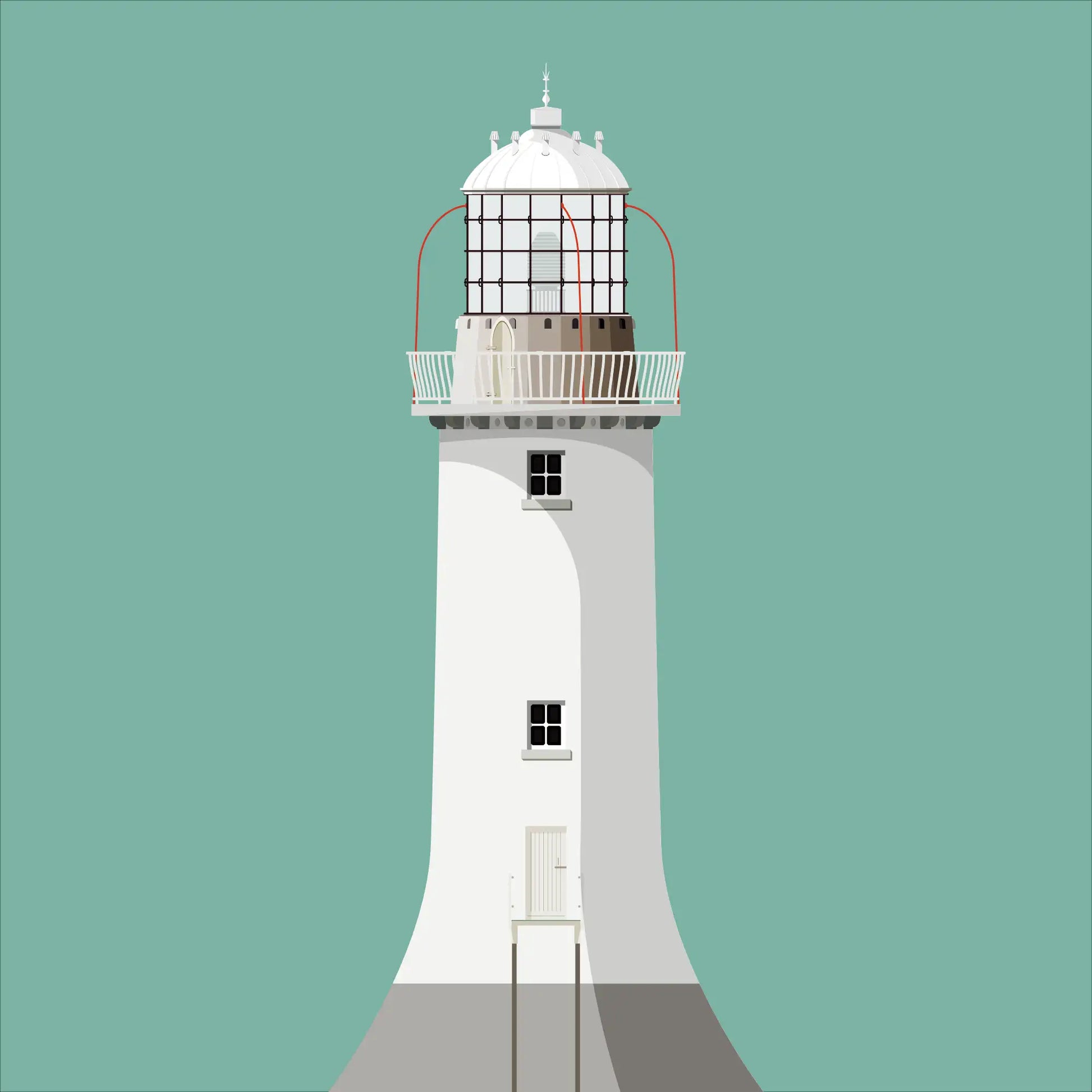 Contemporary graphic illustration of Tarbert lighthouse on a white background inside light blue square.