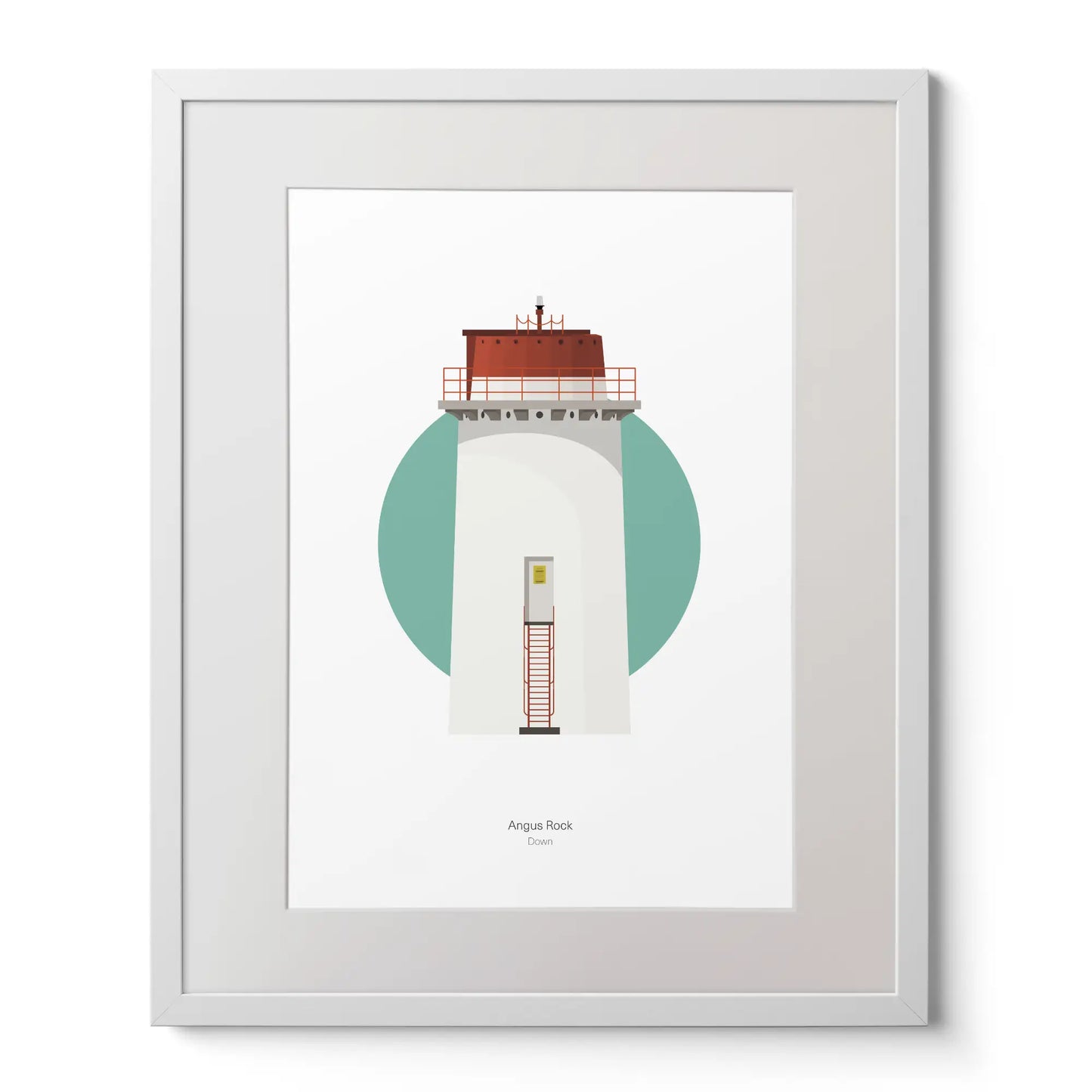 Contemporary art print of Angus Rock lighthouse on a white background inside light blue square,  in a white frame measuring 40x50cm.