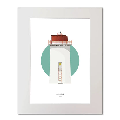 Contemporary illustration of Angus Rock lighthouse on a white background inside light blue square, mounted and measuring 40x50cm.