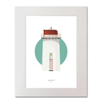 Contemporary illustration of Angus Rock lighthouse on a white background inside light blue square, mounted and measuring 40x50cm.