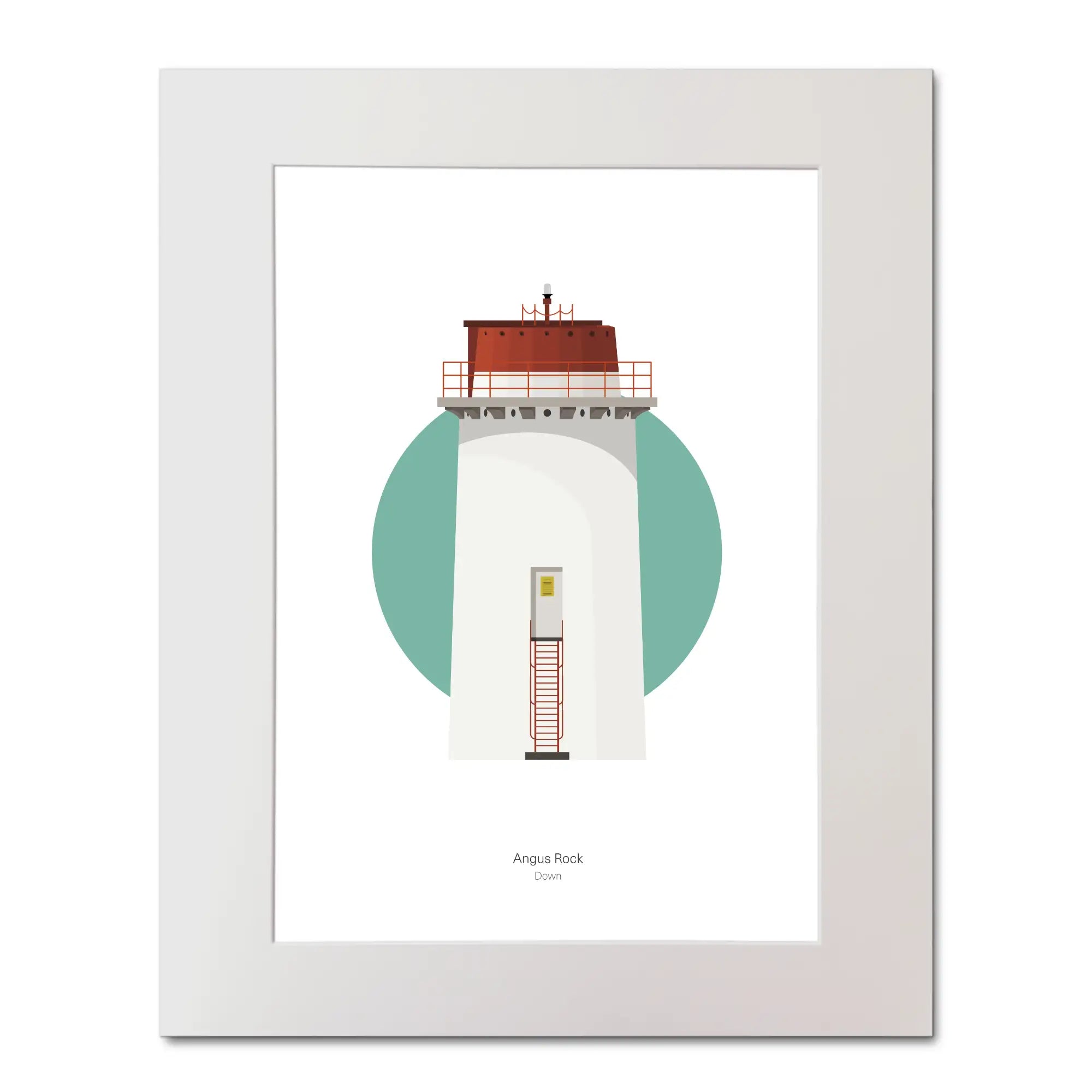 Contemporary illustration of Angus Rock lighthouse on a white background inside light blue square, mounted and measuring 40x50cm.