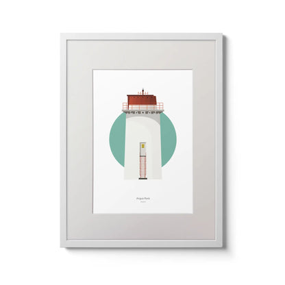 Contemporary wall art decor of Angus_Rock lighthouse on a white background inside light blue square,  in a white frame measuring 30x40cm.