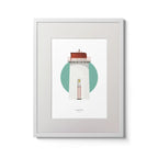 Contemporary wall art decor of Angus_Rock lighthouse on a white background inside light blue square,  in a white frame measuring 30x40cm.