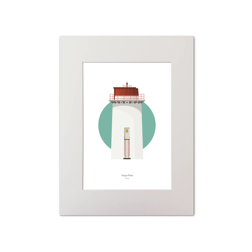 Contemporary graphic illustration of Angus Rock lighthouse on a white background inside light blue square, mounted and measuring 30x40cm.