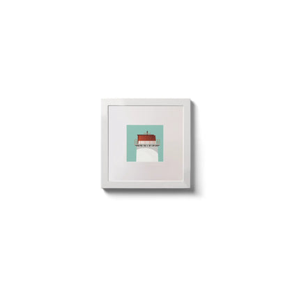 Illustration Angus Rock lighthouse on an ocean green background,  in a white square frame measuring 10x10cm.