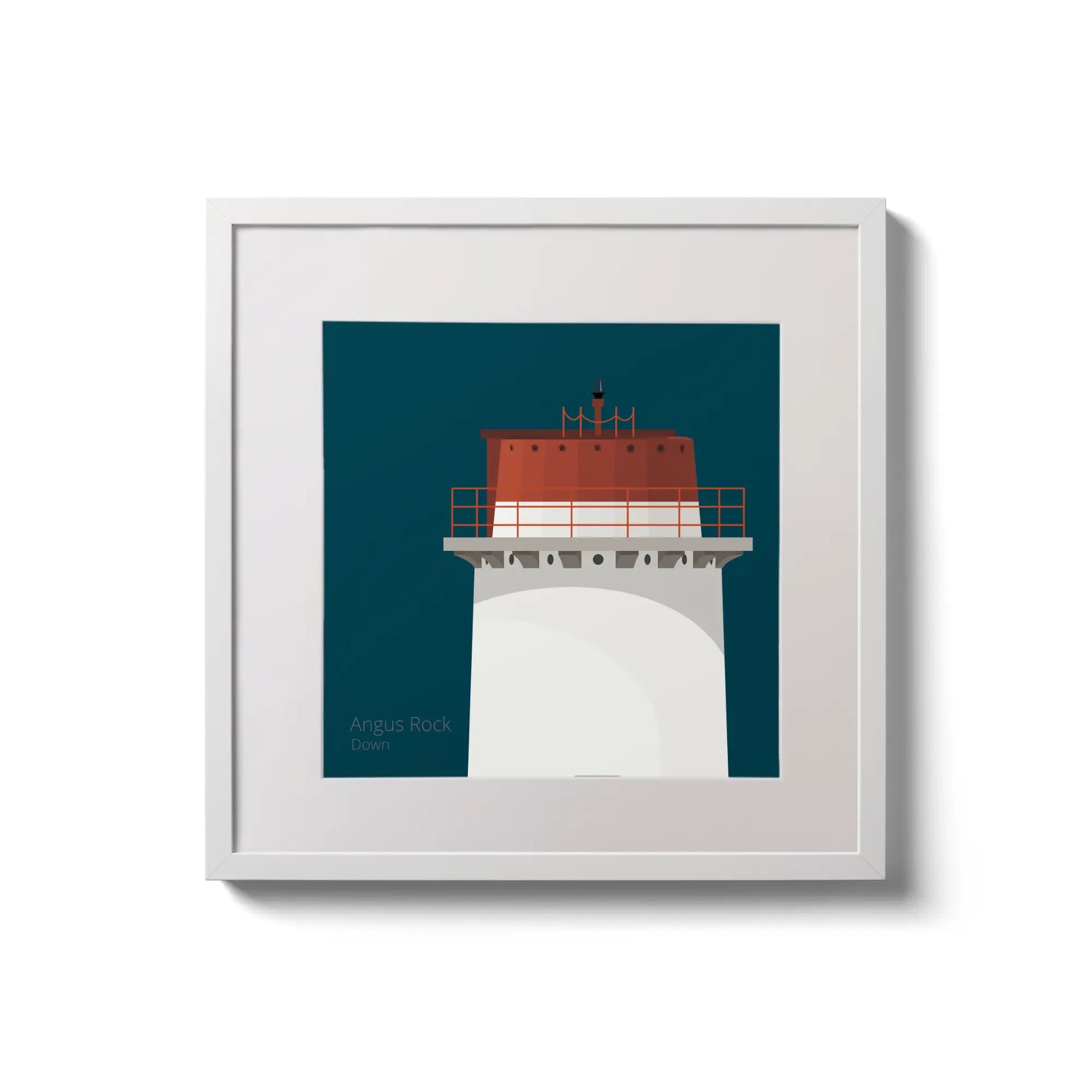 Framed wall art decoration Angus Rock lighthouse on a midnight blue background,  in a white square frame measuring 20x20cm.