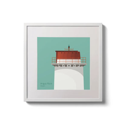 Contemporary wall hanging Angus Rock lighthouse on an ocean green background,  in a white square frame measuring 20x20cm.