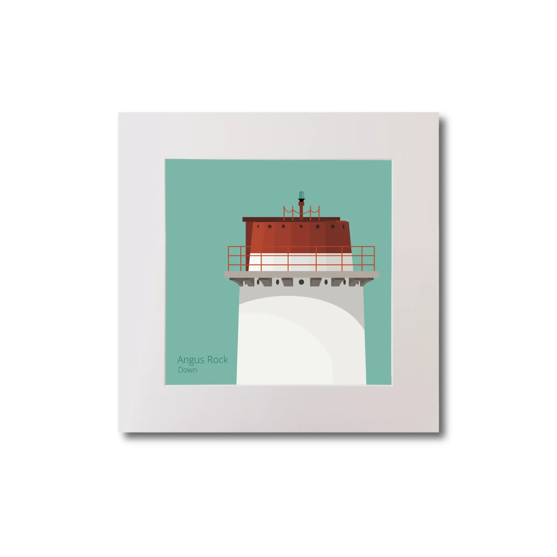 Illustration Angus Rock lighthouse on an ocean green background, mounted and measuring 20x20cm.