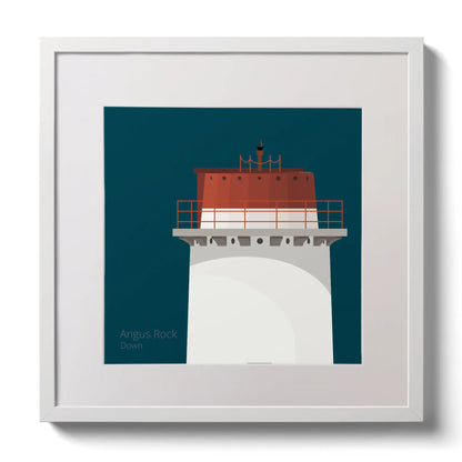 Illustration Angus Rock lighthouse on a midnight blue background,  in a white square frame measuring 30x30cm.
