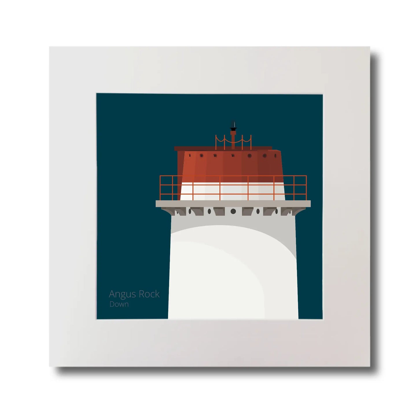 Illustration Angus Rock lighthouse on a midnight blue background, mounted and measuring 30x30cm.