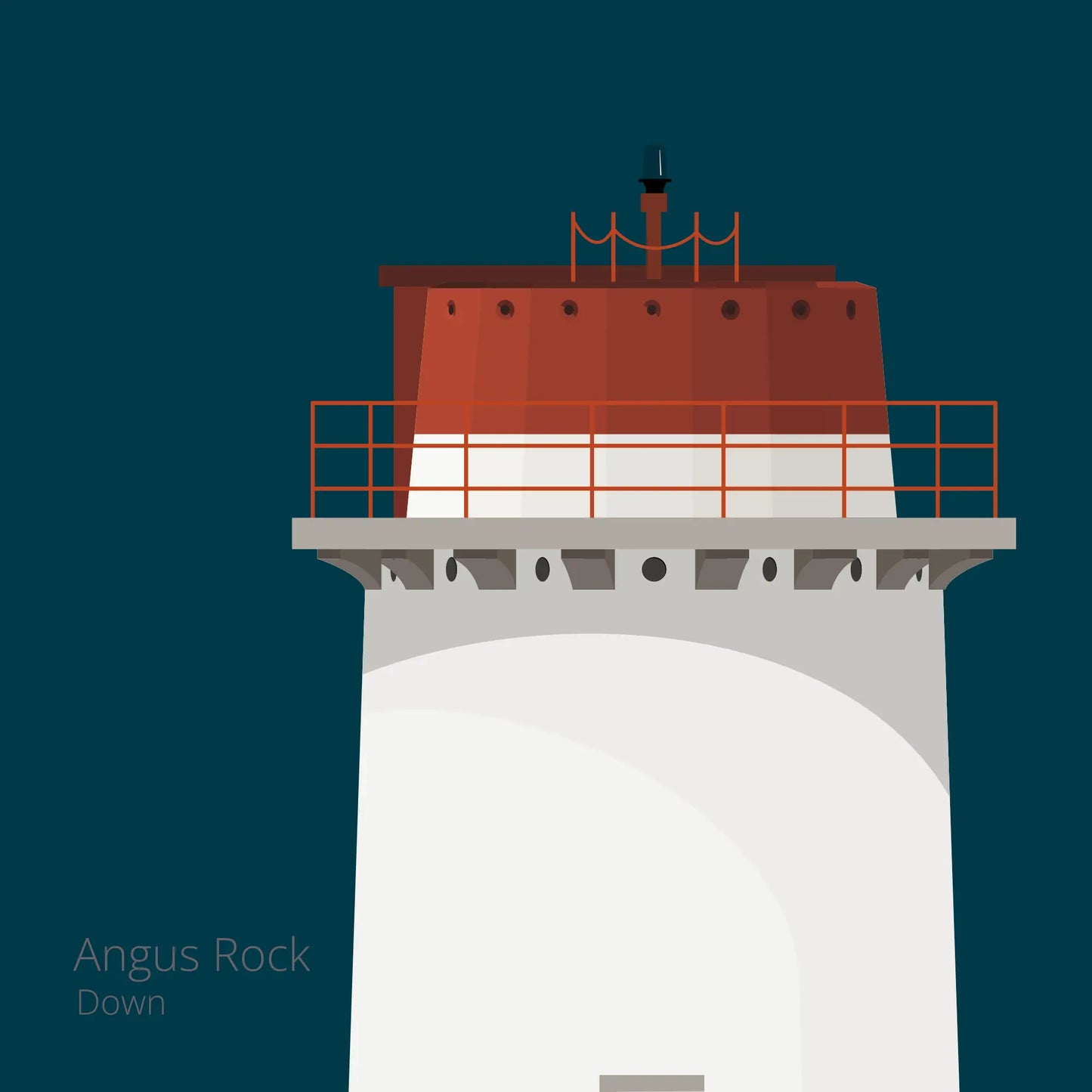Illustration Angus Rock lighthouse on a midnight blue background