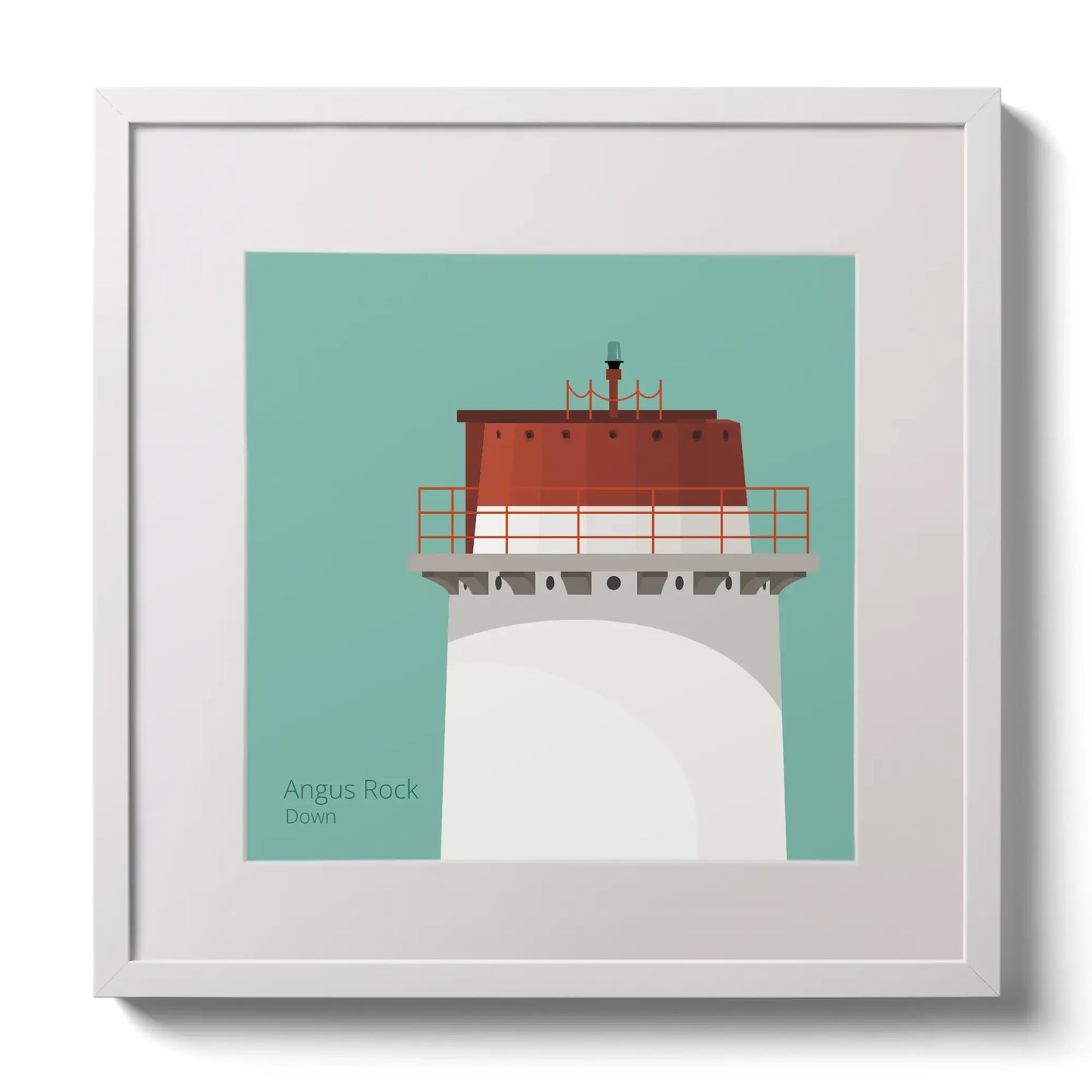 Illustration Angus Rock lighthouse on an ocean green background,  in a white square frame measuring 30x30cm.