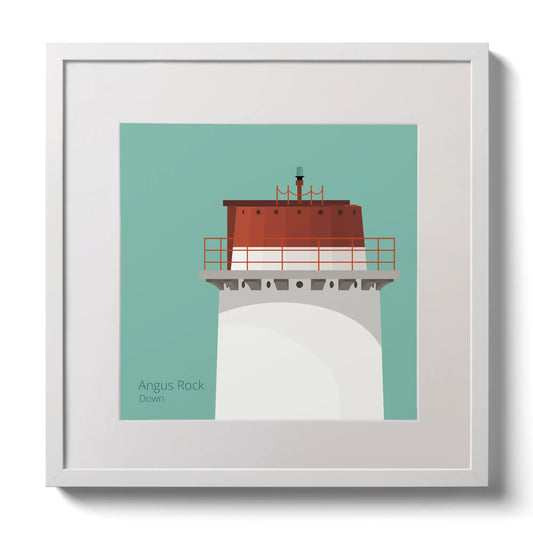 Illustration Angus Rock lighthouse on an ocean green background,  in a white square frame measuring 30x30cm.