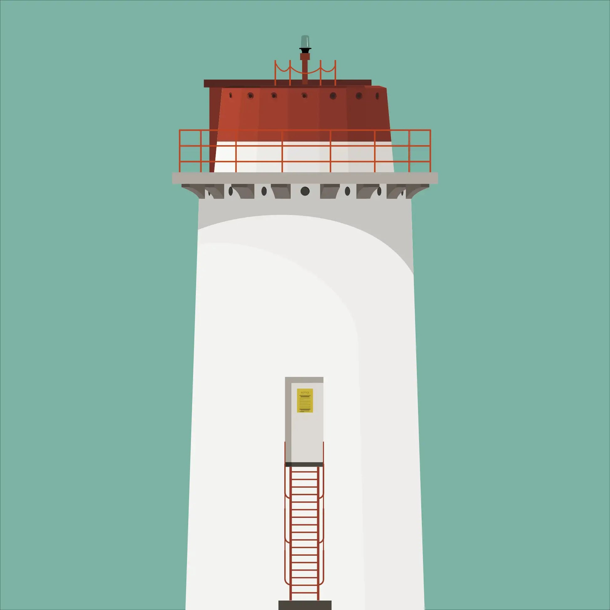 Contemporary graphic illustration of Angus_Rock lighthouse on a white background inside light blue square.
