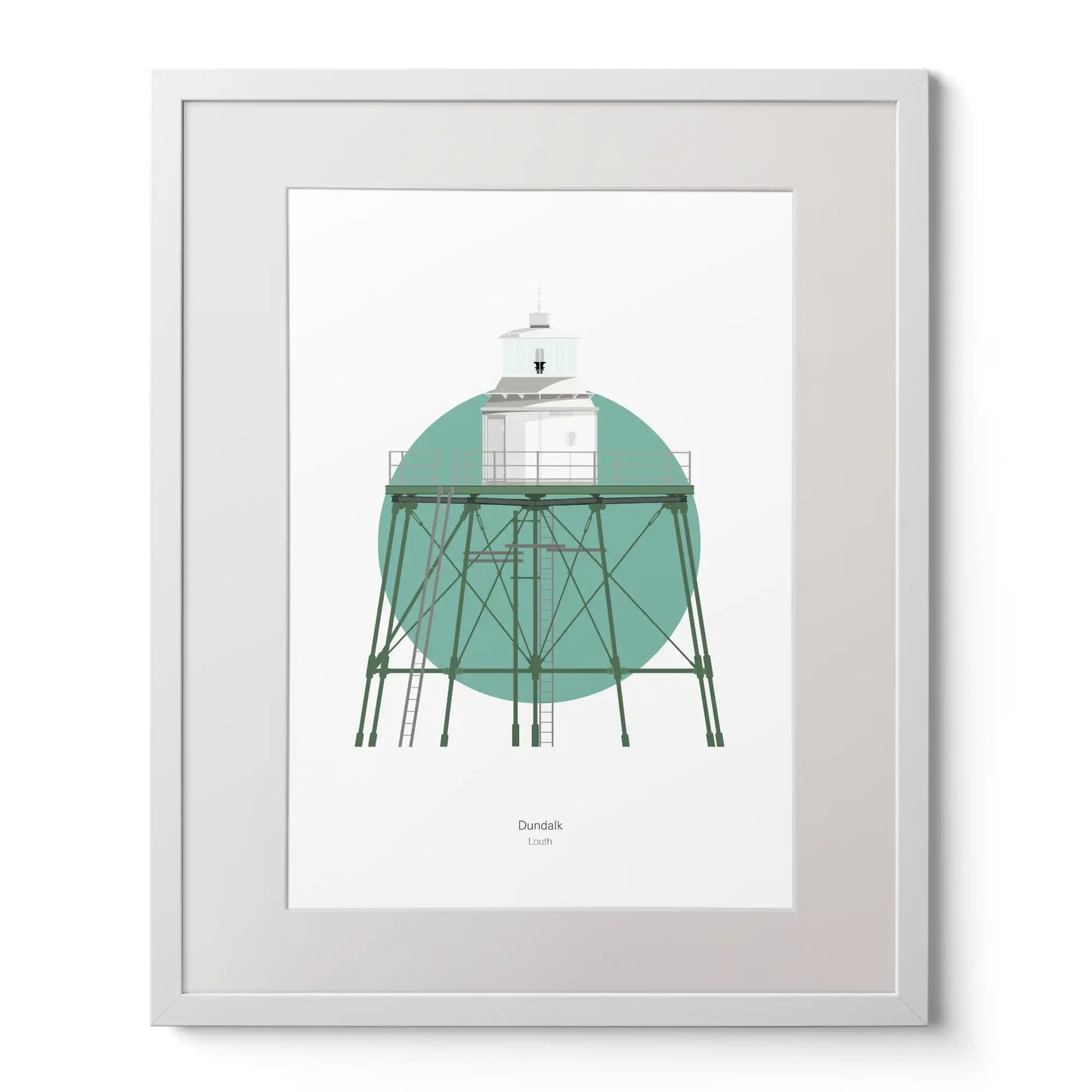 Contemporary art print of Dundalk lighthouse on a white background inside light blue square,  in a white frame measuring 40x50cm.