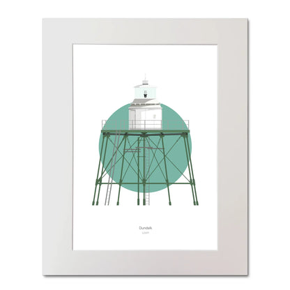 Contemporary illustration of Dundalk lighthouse on a white background inside light blue square, mounted and measuring 40x50cm.
