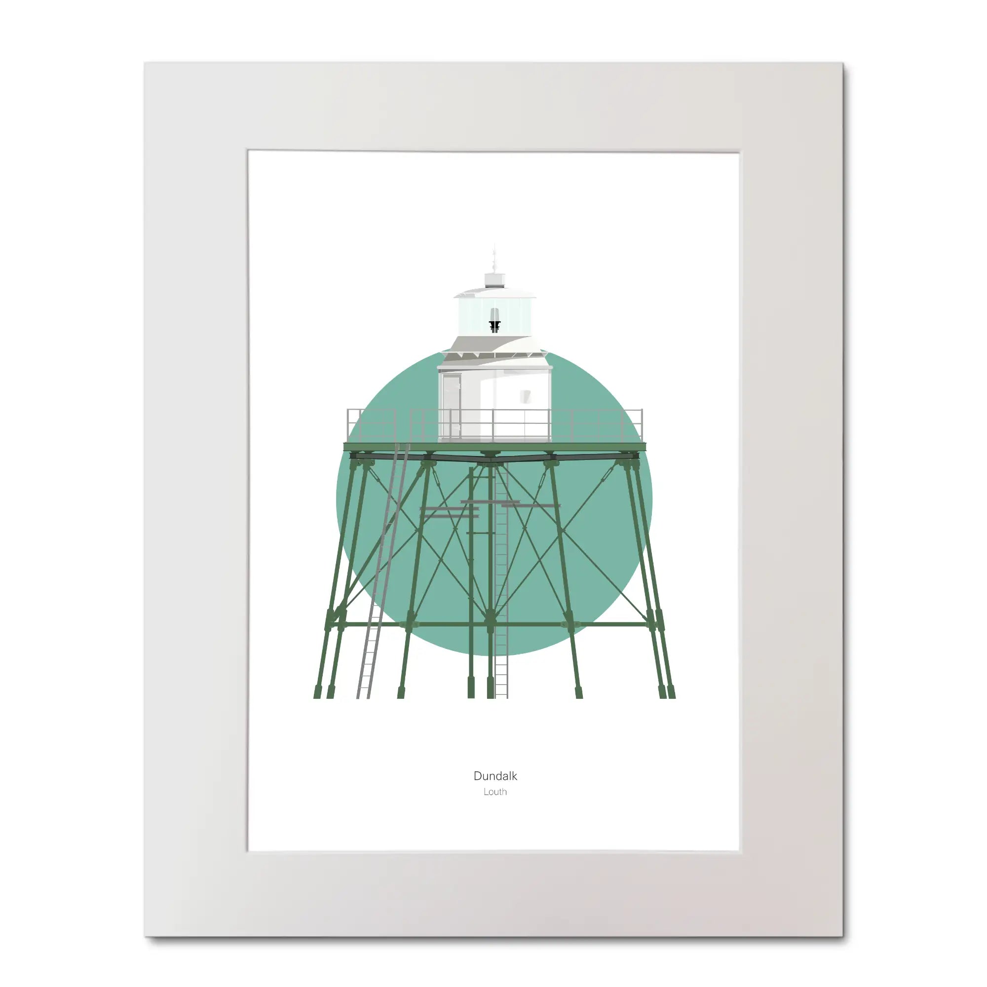 Contemporary illustration of Dundalk lighthouse on a white background inside light blue square, mounted and measuring 40x50cm.