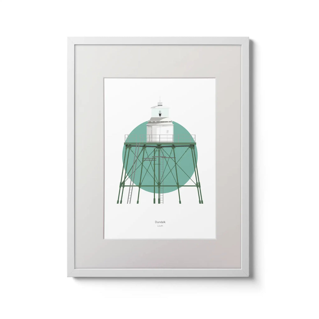 Contemporary wall art decor of Angus Rock  Dundalk lighthouse on a white background inside light blue square,  in a white frame measuring 30x40cm.