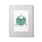 Contemporary wall art decor of Angus Rock  Dundalk lighthouse on a white background inside light blue square,  in a white frame measuring 30x40cm.