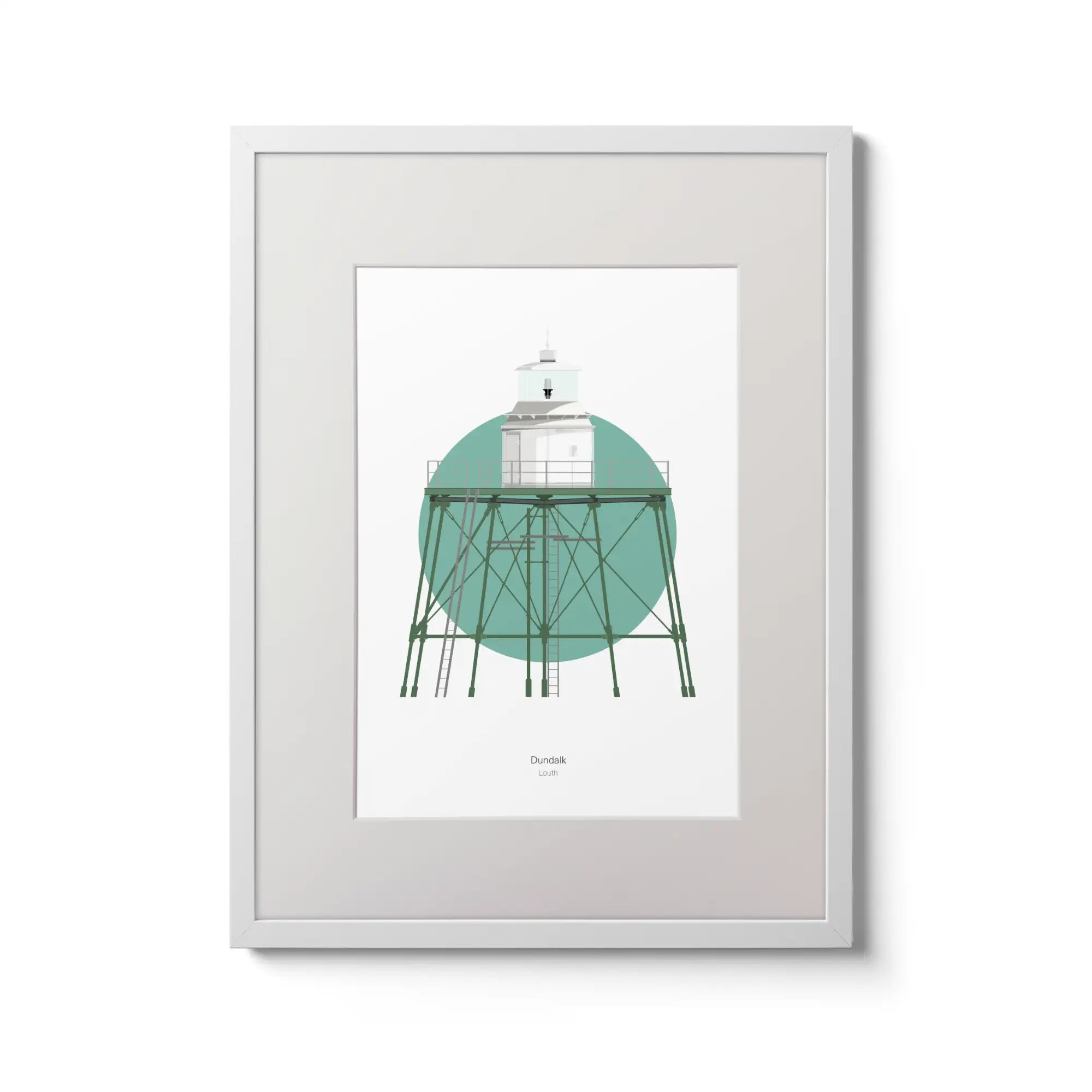 Contemporary wall art decor of Angus Rock  Dundalk lighthouse on a white background inside light blue square,  in a white frame measuring 30x40cm.