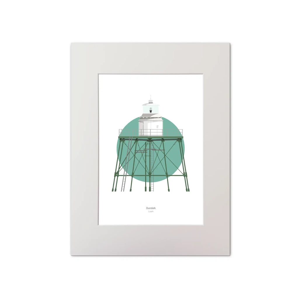 Contemporary graphic illustration of Dundalk lighthouse on a white background inside light blue square, mounted and measuring 30x40cm.