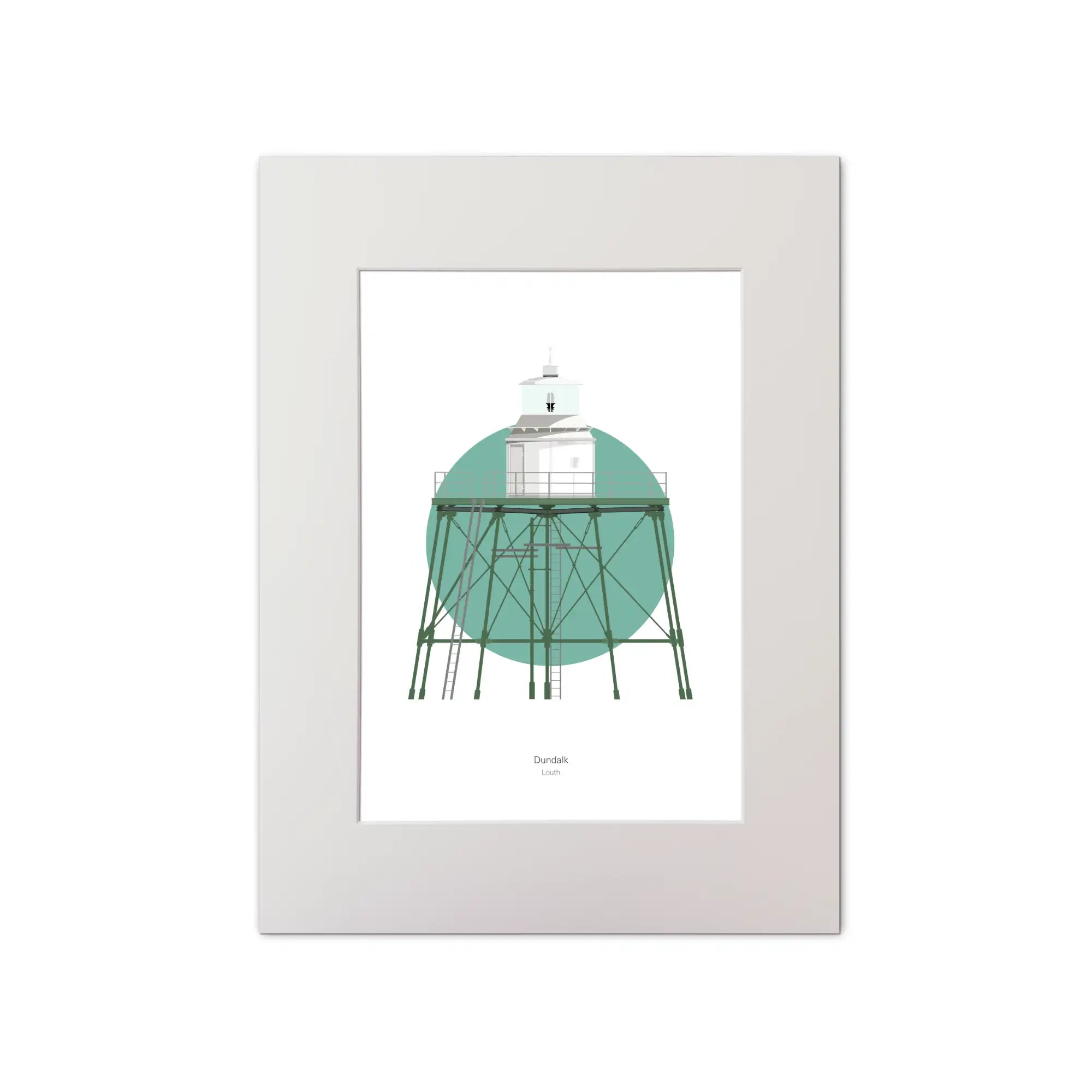 Contemporary graphic illustration of Dundalk lighthouse on a white background inside light blue square, mounted and measuring 30x40cm.
