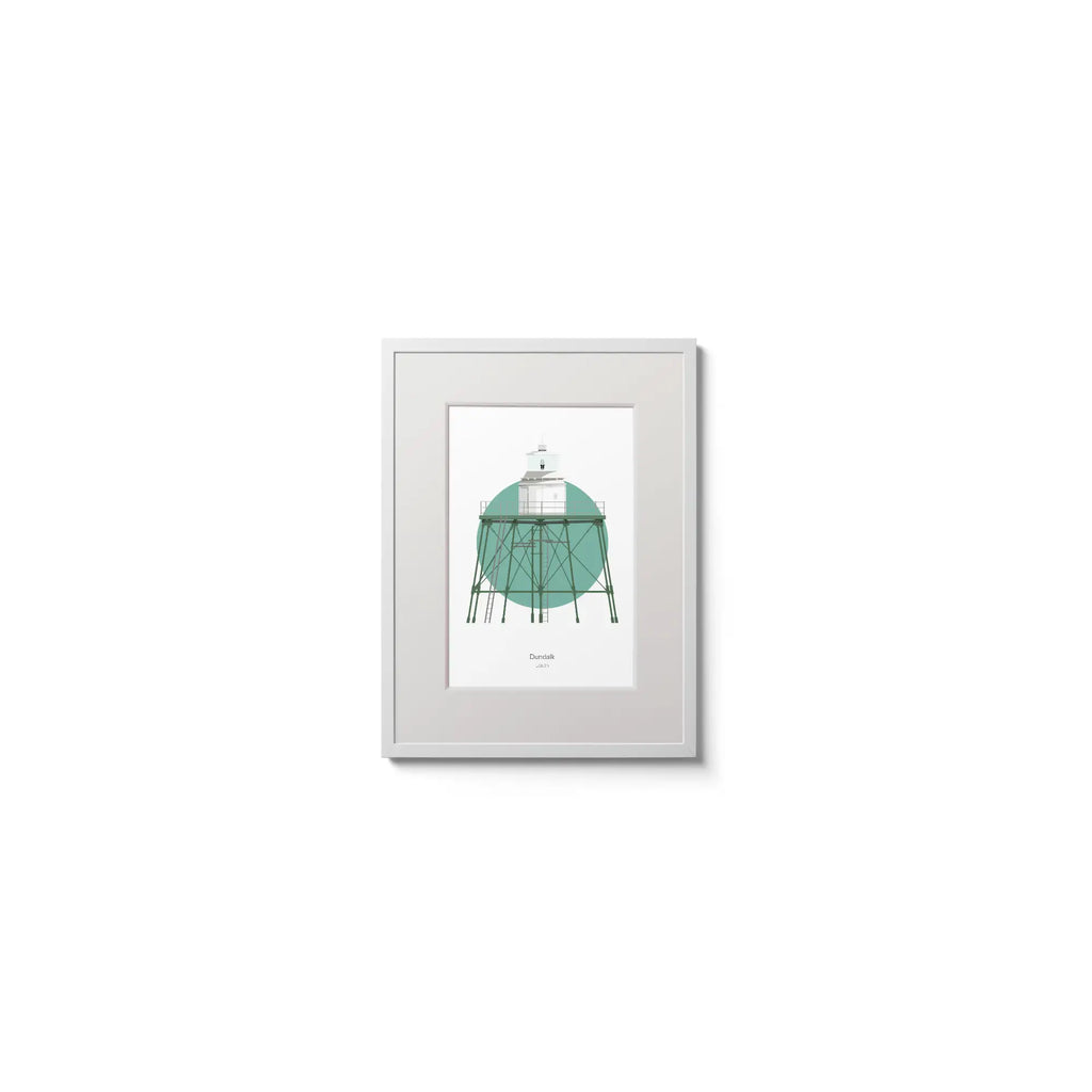 Contemporary wall hanging of Dundalk lighthouse on a white background inside light blue square,  in a white frame measuring 15x20cm.