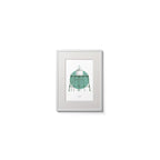 Contemporary wall hanging of Dundalk lighthouse on a white background inside light blue square,  in a white frame measuring 15x20cm.