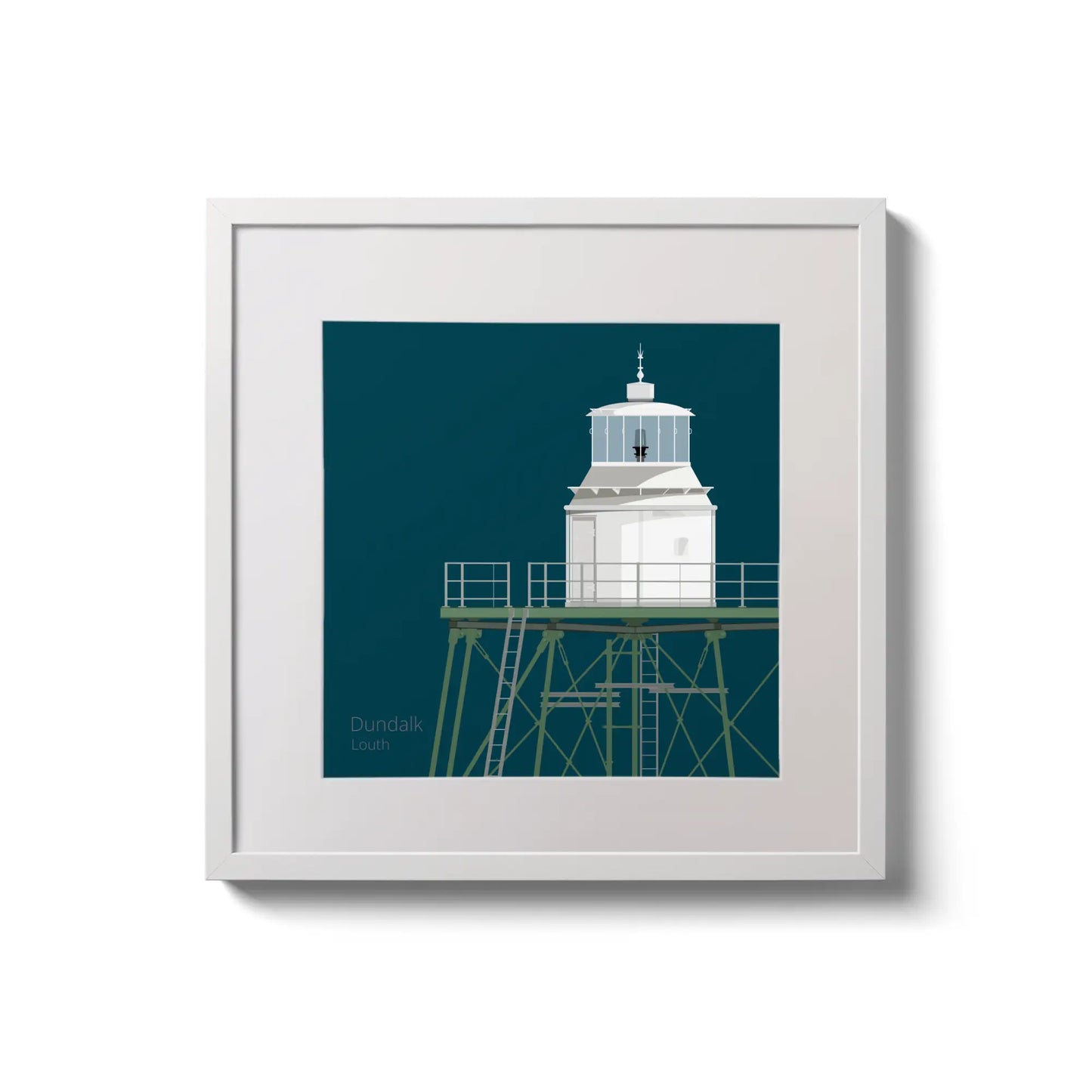 Framed wall art decoration  Dundalk lighthouse on a midnight blue background,  in a white square frame measuring 20x20cm.
