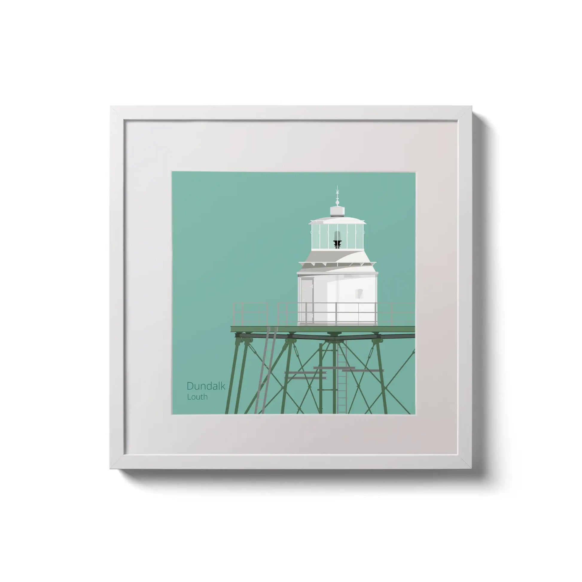 Contemporary wall hanging  Dundalk lighthouse on an ocean green background,  in a white square frame measuring 20x20cm.