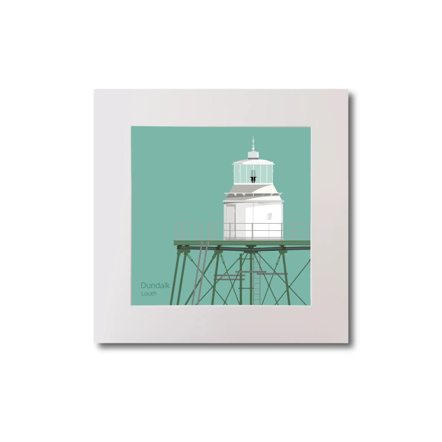 Illustration  Dundalk lighthouse on an ocean green background, mounted and measuring 20x20cm.