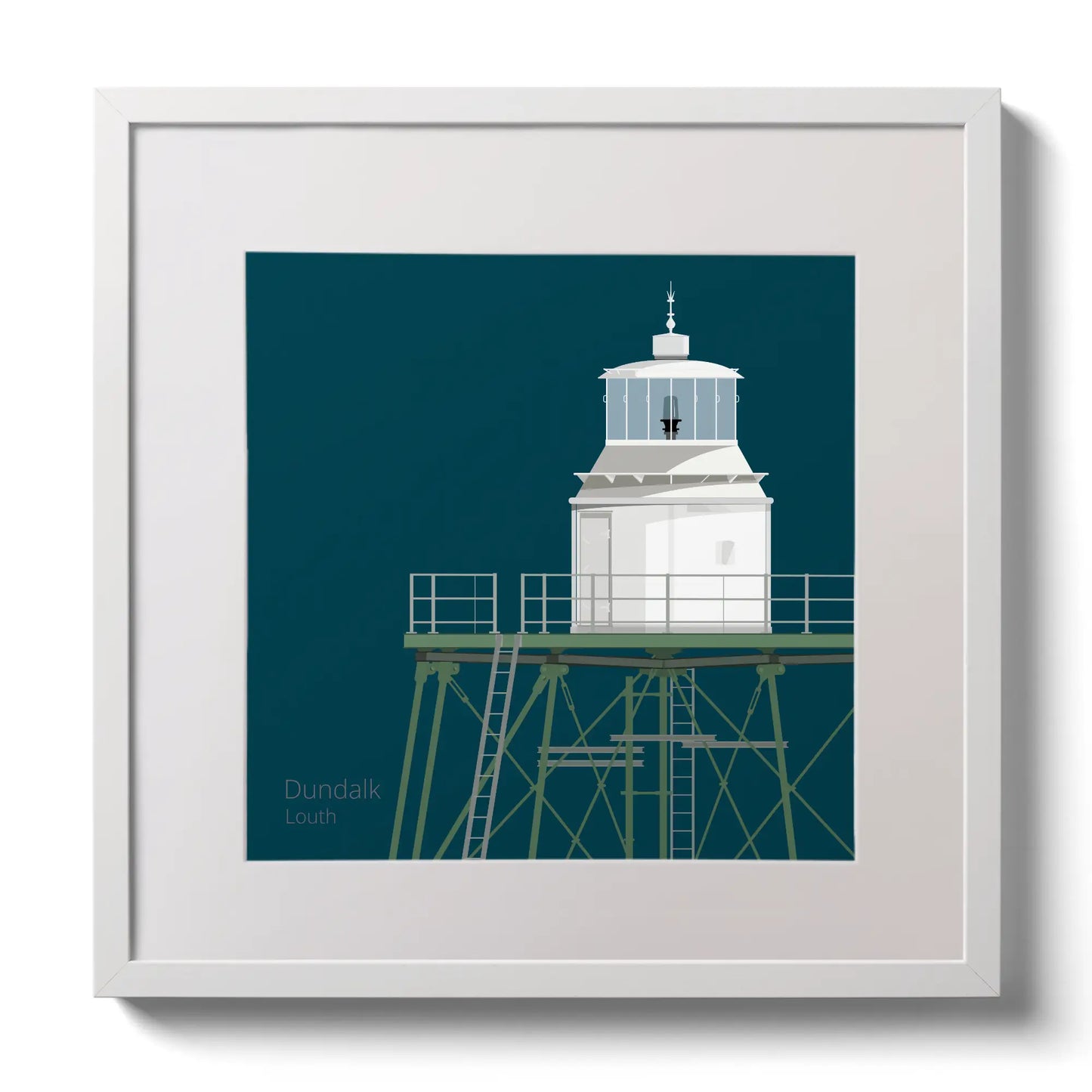 Illustration  Dundalk lighthouse on a midnight blue background,  in a white square frame measuring 30x30cm.