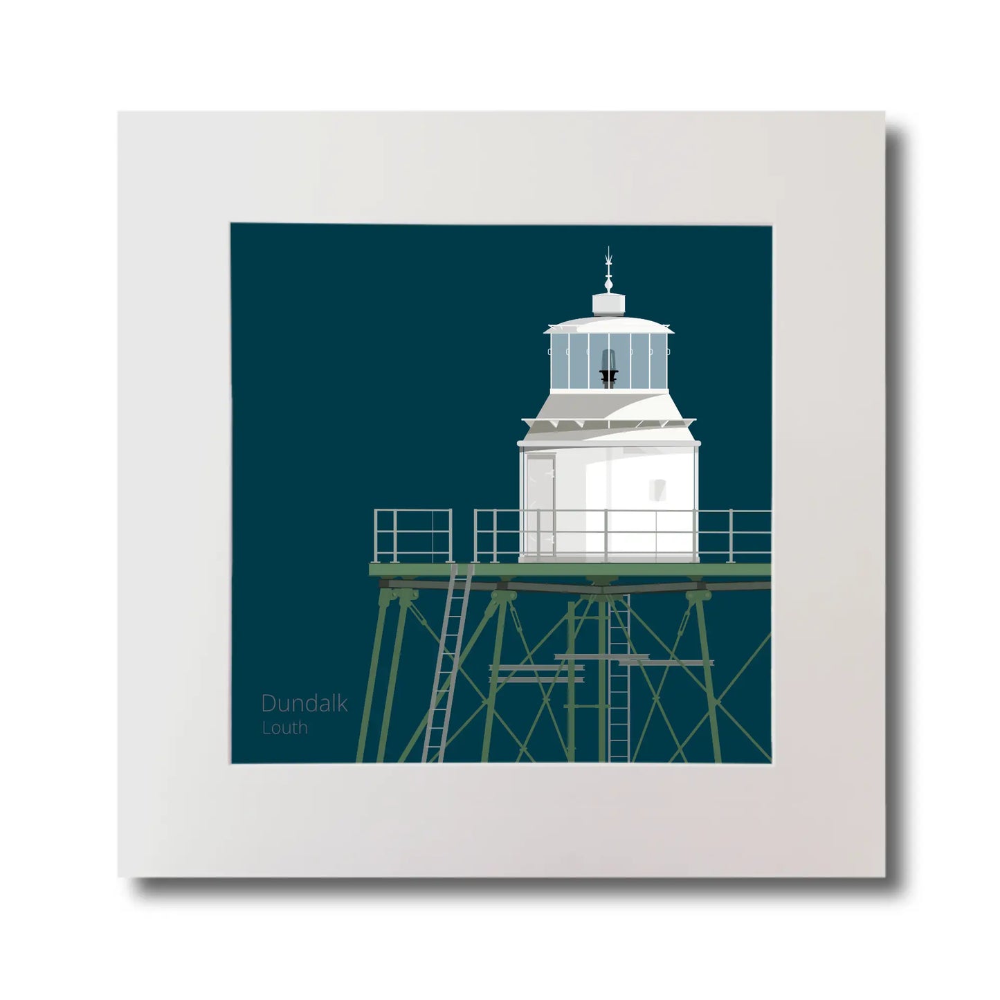 Illustration  Dundalk lighthouse on a midnight blue background, mounted and measuring 30x30cm.