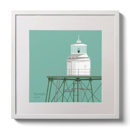 Illustration  Dundalk lighthouse on an ocean green background,  in a white square frame measuring 30x30cm.