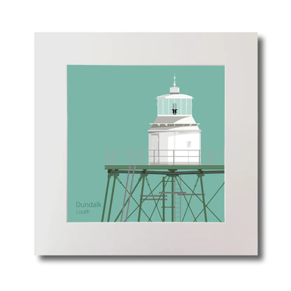 Illustration  Dundalk lighthouse on an ocean green background, mounted and measuring 30x30cm.