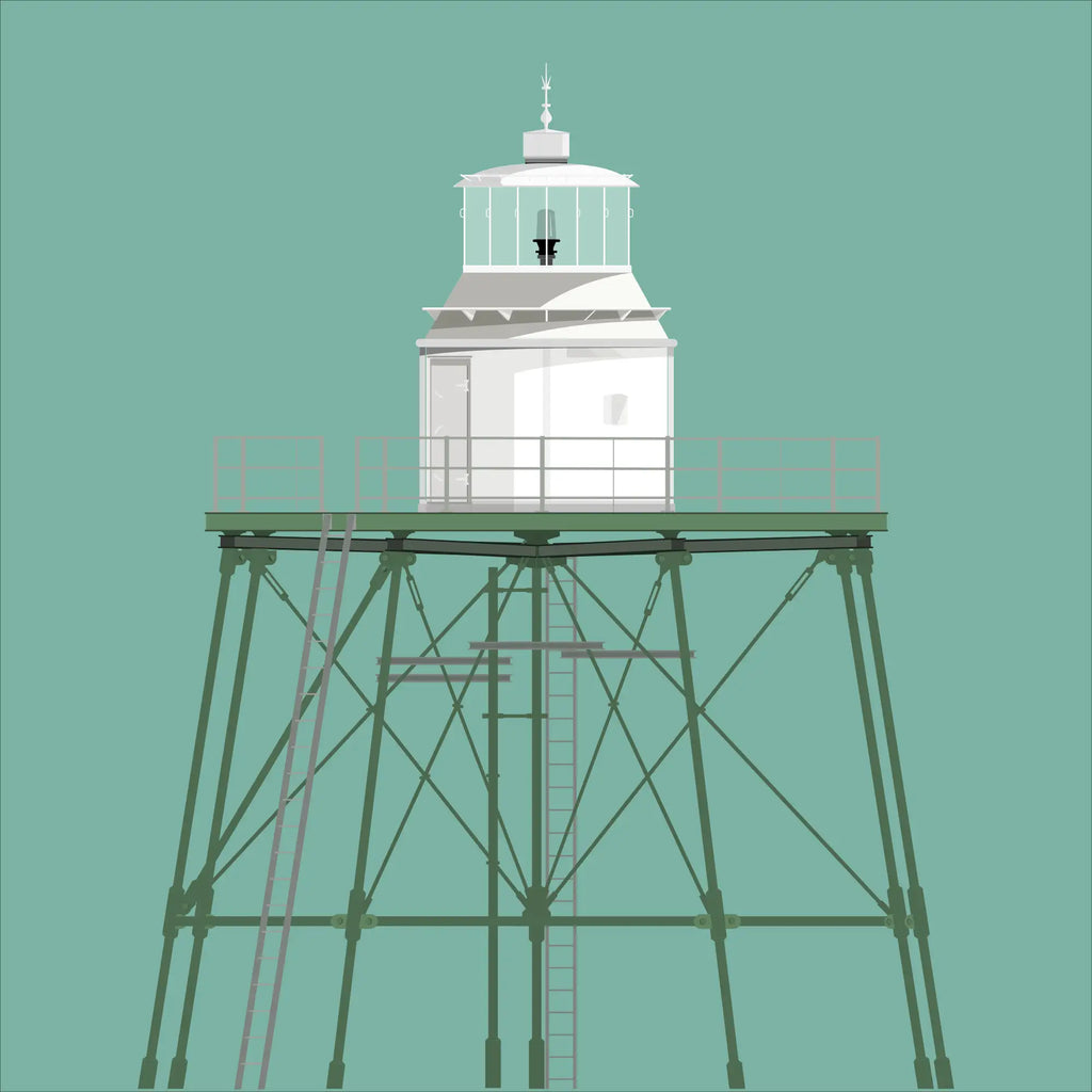 Contemporary graphic illustration of Angus Rock Dundalk lighthouse on a white background inside light blue square.