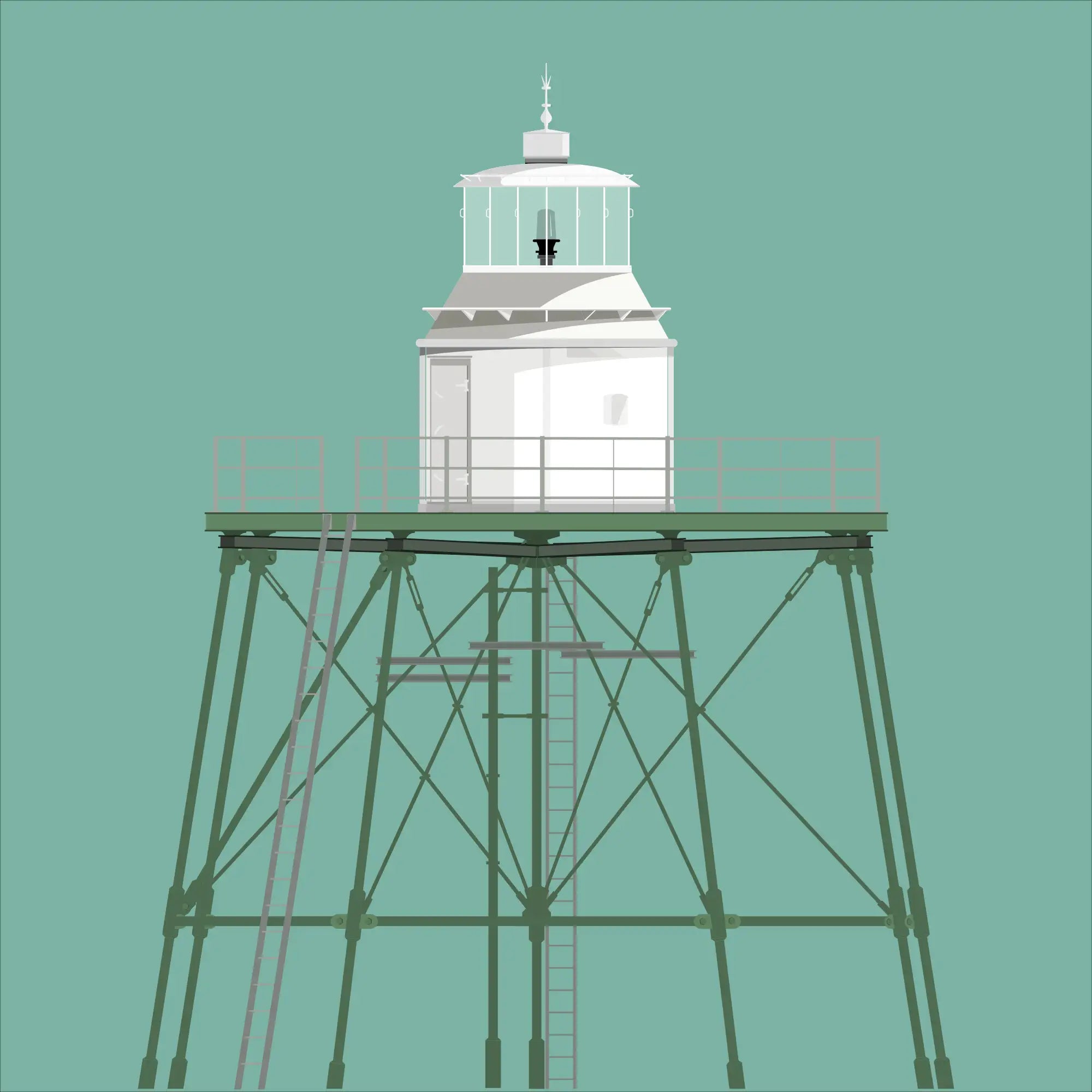 Contemporary graphic illustration of Angus Rock Dundalk lighthouse on a white background inside light blue square.