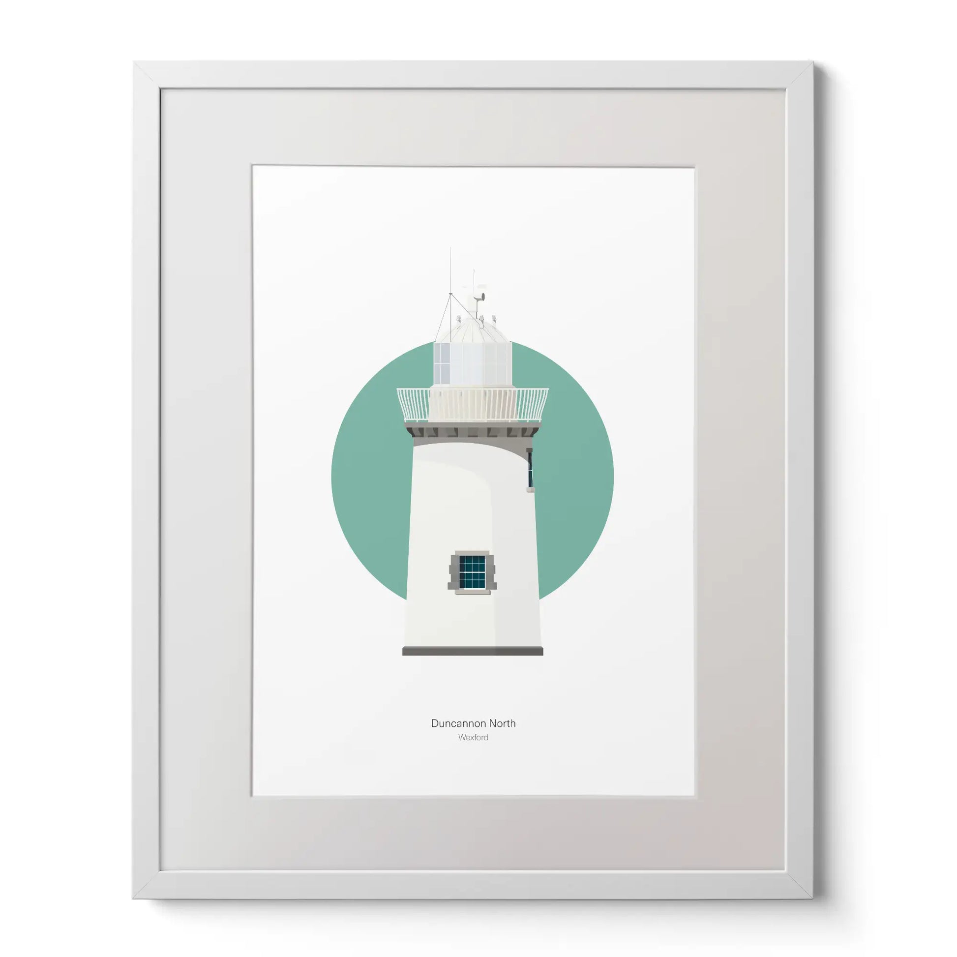 Contemporary art print of Duncannon North lighthouse on a white background inside light blue square,  in a white frame measuring 40x50cm.