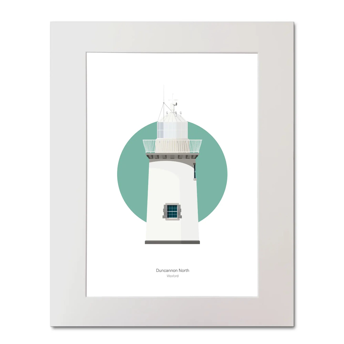 Contemporary illustration of Duncannon North lighthouse on a white background inside light blue square, mounted and measuring 40x50cm.