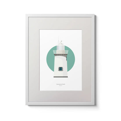 Contemporary wall art decor of Duncannon North lighthouse on a white background inside light blue square,  in a white frame measuring 30x40cm.