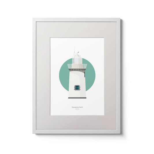 Contemporary wall art decor of Duncannon North lighthouse on a white background inside light blue square,  in a white frame measuring 30x40cm.