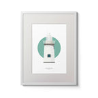 Contemporary wall art decor of Duncannon North lighthouse on a white background inside light blue square,  in a white frame measuring 30x40cm.