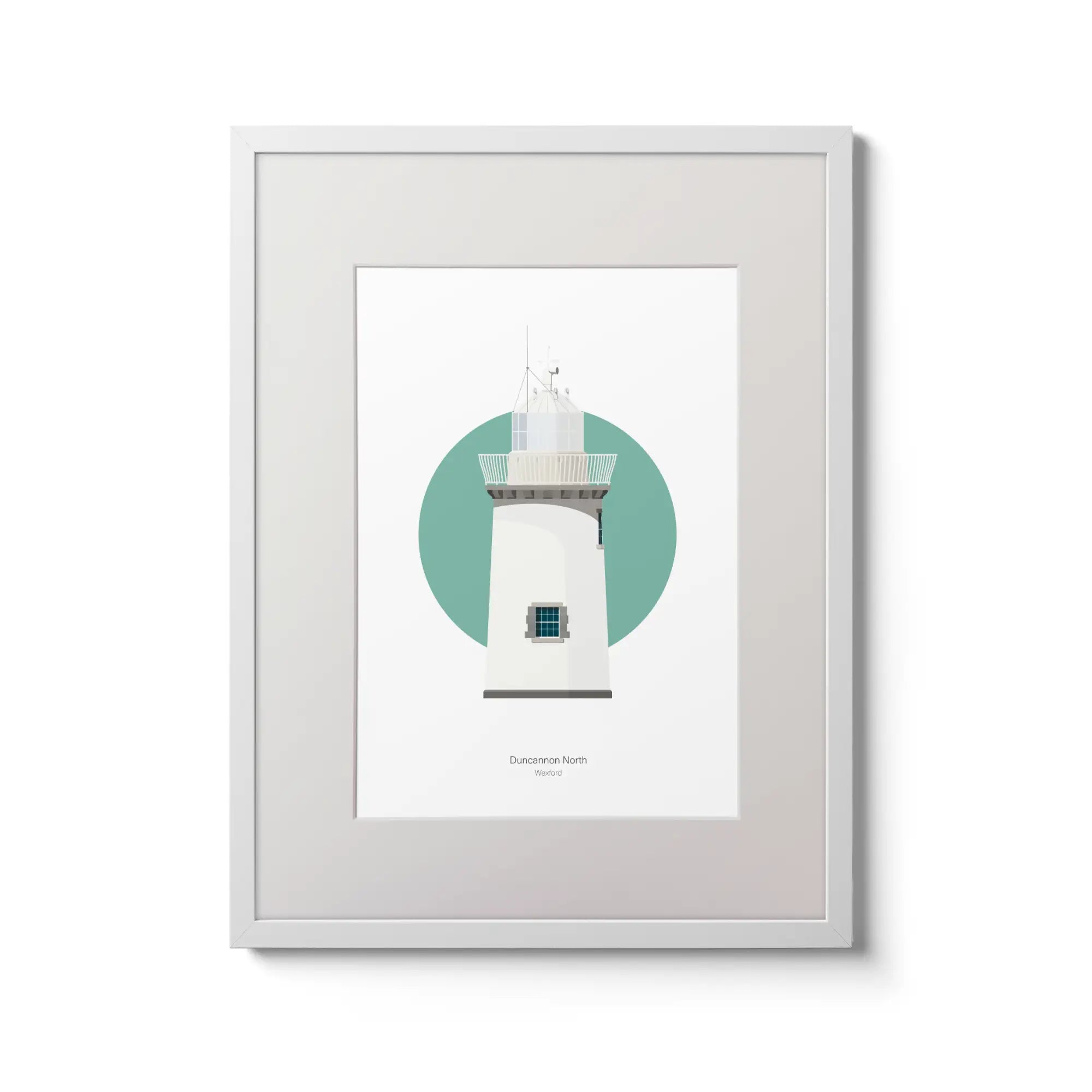 Contemporary wall art decor of Duncannon North lighthouse on a white background inside light blue square,  in a white frame measuring 30x40cm.