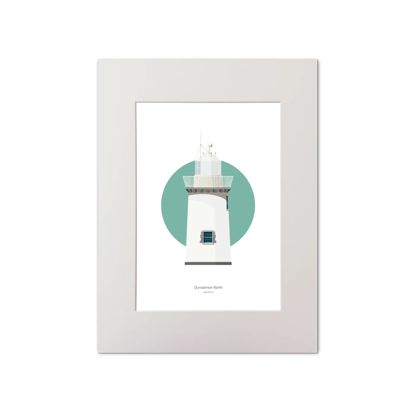 Contemporary graphic illustration of Duncannon North lighthouse on a white background inside light blue square, mounted and measuring 30x40cm.