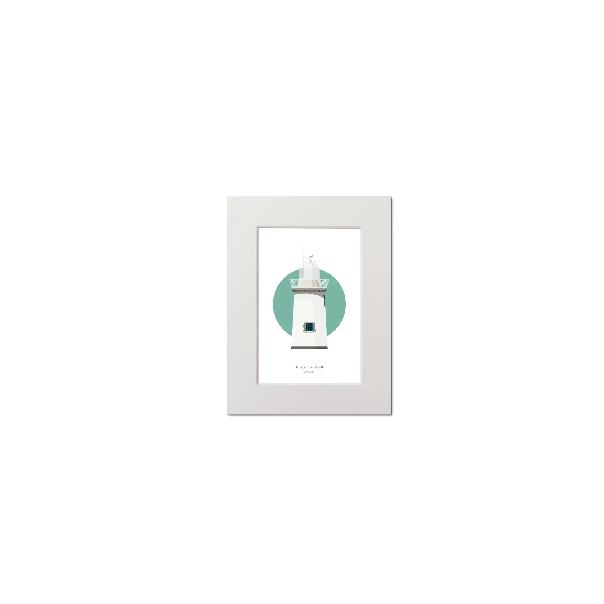 Contemporary graphic illustration of Duncannon North lighthouse on a white background inside light blue square, mounted and measuring 15x20cm.